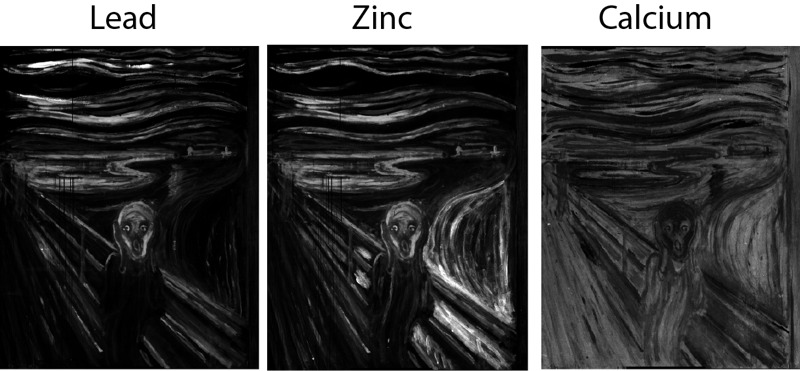 MA-XRF images showing the distribution of one chemical element over the paint surface. (Image: University of Antwerp)